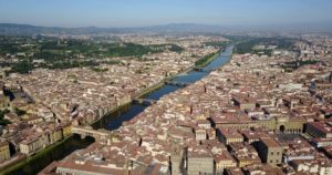 Aerial drone footage of panoramic view of Florence in Italy